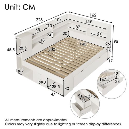 Lit 140x200 Cm Avec LED, USB, 3 Tiroirs Et Plusieurs Niches Blanc