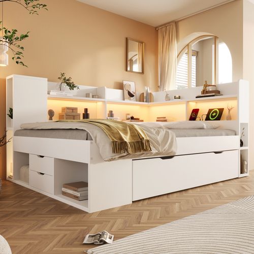 Lit 140x200 Cm Avec LED, USB, 3 Tiroirs Et Plusieurs Niches Blanc