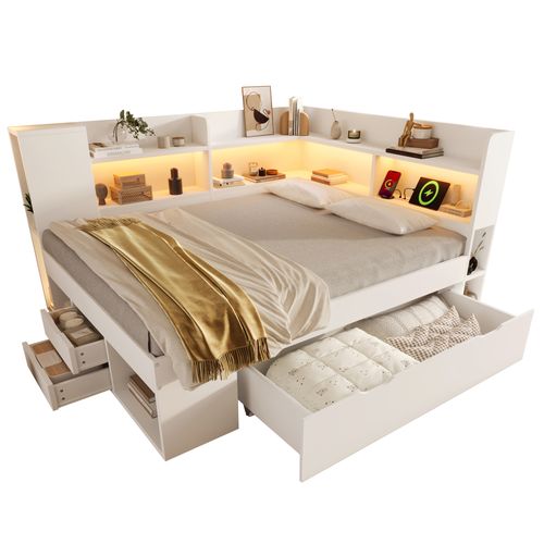 Lit 140x200 Cm Avec LED, USB, 3 Tiroirs Et Plusieurs Niches Blanc