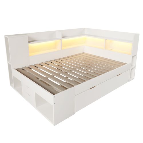 Lit 140x200 Cm Avec LED, USB, 3 Tiroirs Et Plusieurs Niches Blanc