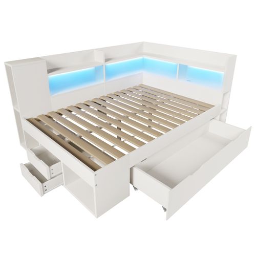 Lit 140x200 Cm Avec LED, USB, 3 Tiroirs Et Plusieurs Niches Blanc