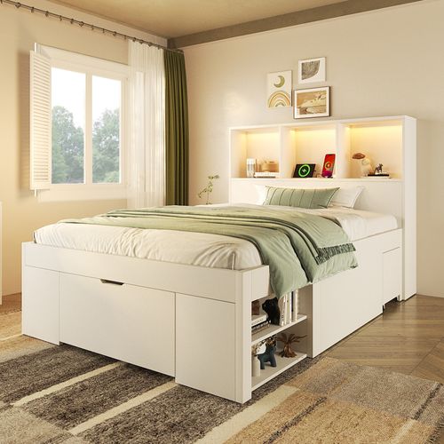 Lit 90x200 Cm Avec LED, USB, 1 Tiroir, 1 Table De Chevet Et Plusieurs Niches Blanc