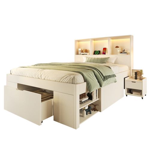 Lit 90x200 Cm Avec LED, USB, 1 Tiroir, 1 Table De Chevet Et Plusieurs Niches Blanc