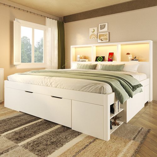 Lit 140x190 Cm Avec LED, USB, 1 Tiroir, 1 Table De Chevet Et Plusieurs Niches Blanc