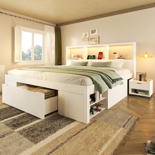 Lit 140x190 Cm Avec LED, USB, 1 Tiroir, 1 Table De Chevet Et Plusieurs Niches Blanc
