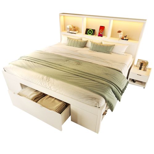 Lit 140x190 Cm Avec LED, USB, 1 Tiroir, 1 Table De Chevet Et Plusieurs Niches Blanc