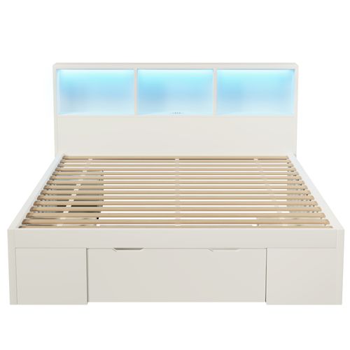 Lit 140x190 Cm Avec LED, USB, 1 Tiroir, 1 Table De Chevet Et Plusieurs Niches Blanc