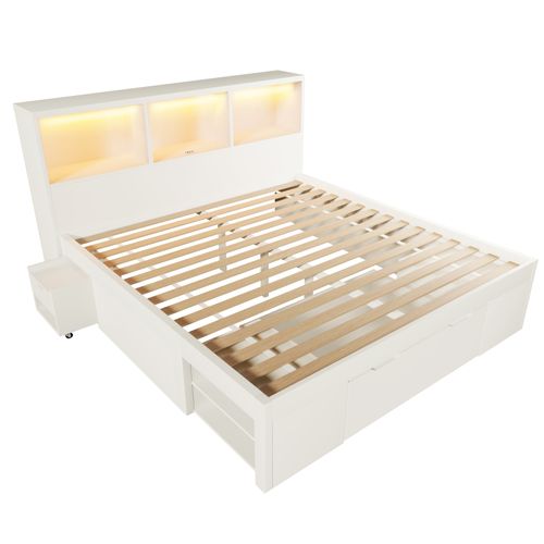 Lit 140x190 Cm Avec LED, USB, 1 Tiroir, 1 Table De Chevet Et Plusieurs Niches Blanc