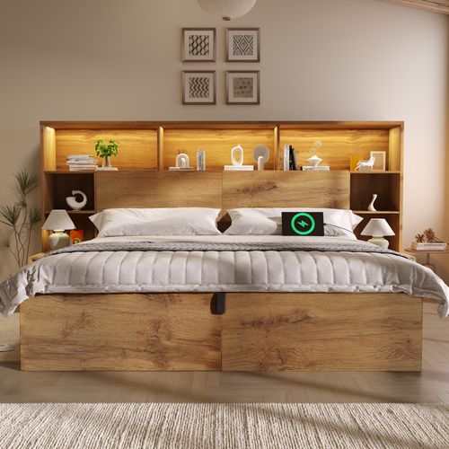 Lit Coffre 180x200 Cm Avec LED, USB, 2 Tables De Chevet Et Des Étagères à Plusieurs Niveaux