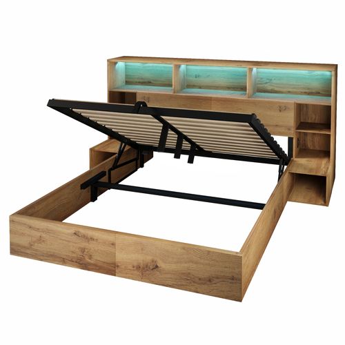 Lit Coffre 180x200 Cm Avec LED, USB, 2 Tables De Chevet Et Des Étagères à Plusieurs Niveaux