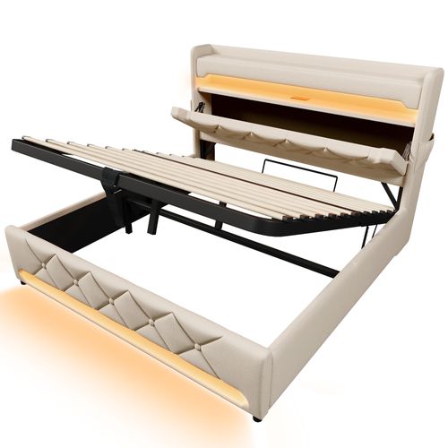 Lit Coffre 140 X 190cm Avec Tête De Lit Rangement, USB Et LED, Beige Lin