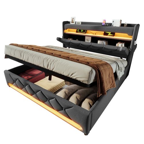 Lit Coffre 140 X 190cm Avec Tête De Lit Rangement, USB Et LED, Gris Lin