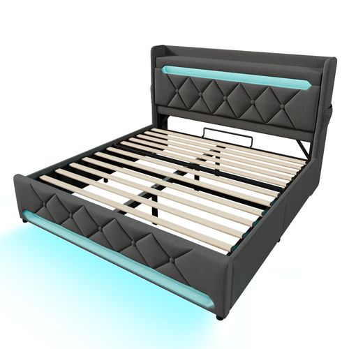 Lit Coffre 140 X 190cm Avec Tête De Lit Rangement, USB Et LED, Gris Lin