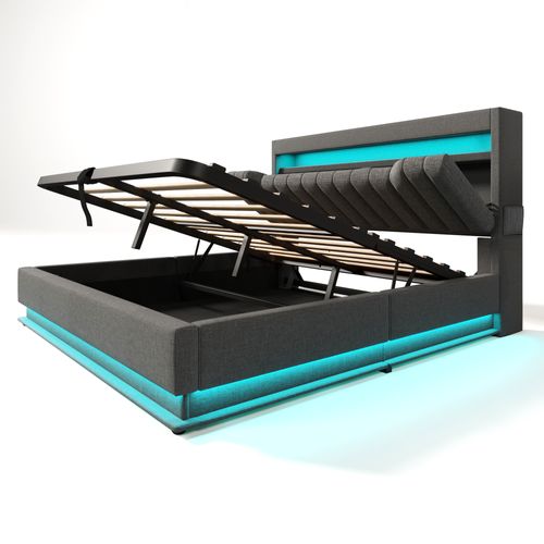 Lit Coffre 140 X 190cm Avec Tête De Lit Rangement, USB Et LED, Gris Lin