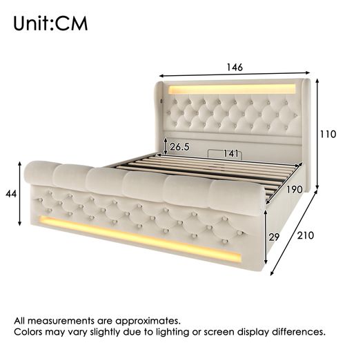 Lit Coffre 140 X 190cm Avec USB Et LED Velours Beige
