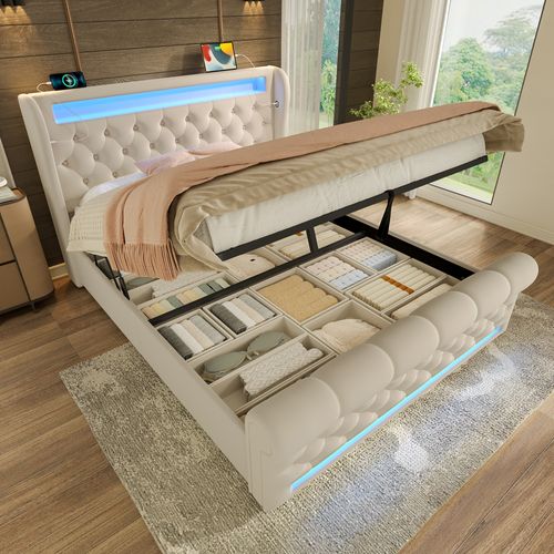 Lit Coffre 140 X 190cm Avec USB Et LED Velours Beige