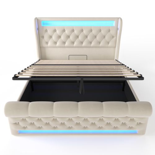 Lit Coffre 140 X 190cm Avec USB Et LED Velours Beige