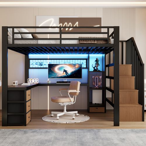 Lit Mezzanine 140 X 200 Cm Avec  LED, Bureau, 4 Tiroirs Et Escalier De Rangement En Métal Noir