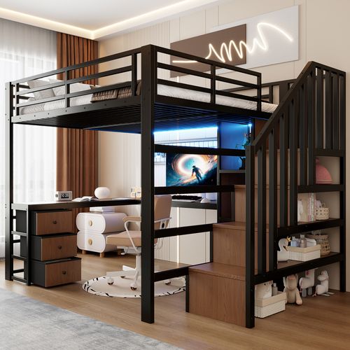 Lit Mezzanine 140 X 200 Cm Avec  LED, Bureau, 4 Tiroirs Et Escalier De Rangement En Métal Noir