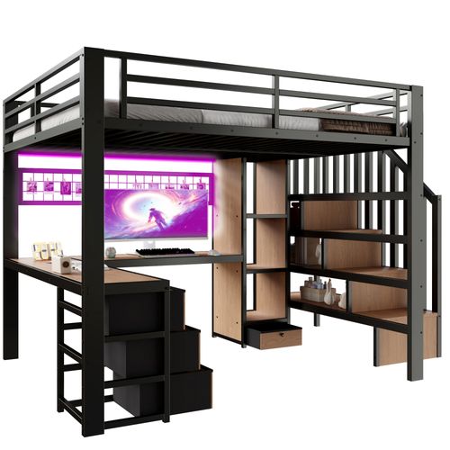 Lit Mezzanine 140 X 200 Cm Avec  LED, Bureau, 4 Tiroirs Et Escalier De Rangement En Métal Noir