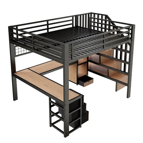 Lit Mezzanine 140 X 200 Cm Avec  LED, Bureau, 4 Tiroirs Et Escalier De Rangement En Métal Noir