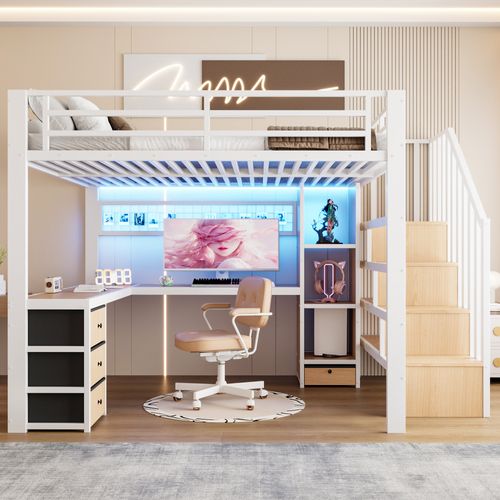 Lit Mezzanine 140 X 200 Cm Avec LED, Bureau, 4 Tiroirs Et Escalier De Rangement En Métal Blanc
