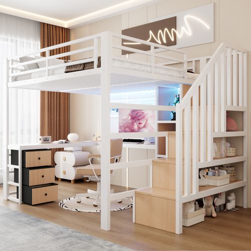 Lit Mezzanine 140 X 200 Cm Avec LED, Bureau, 4 Tiroirs Et Escalier De Rangement En Métal Blanc