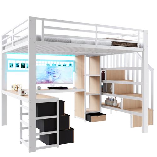 Lit Mezzanine 140 X 200 Cm Avec LED, Bureau, 4 Tiroirs Et Escalier De Rangement En Métal Blanc