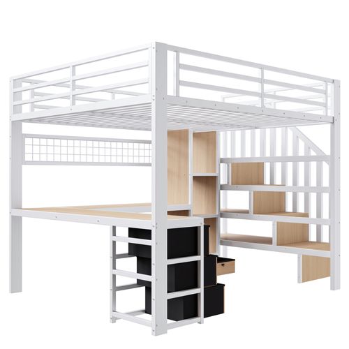 Lit Mezzanine 140 X 200 Cm Avec LED, Bureau, 4 Tiroirs Et Escalier De Rangement En Métal Blanc