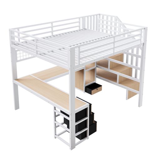Lit Mezzanine 140 X 200 Cm Avec LED, Bureau, 4 Tiroirs Et Escalier De Rangement En Métal Blanc