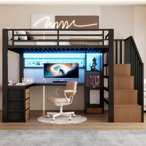 Lit Mezzanine 90 X 200 Cm Avec LED, Bureau, 4 Tiroirs Et Escalier De Rangement En Métal Noir