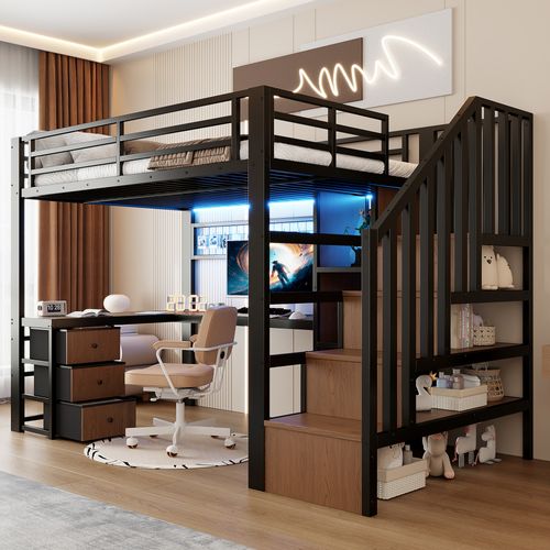 Lit Mezzanine 90 X 200 Cm Avec LED, Bureau, 4 Tiroirs Et Escalier De Rangement En Métal Noir