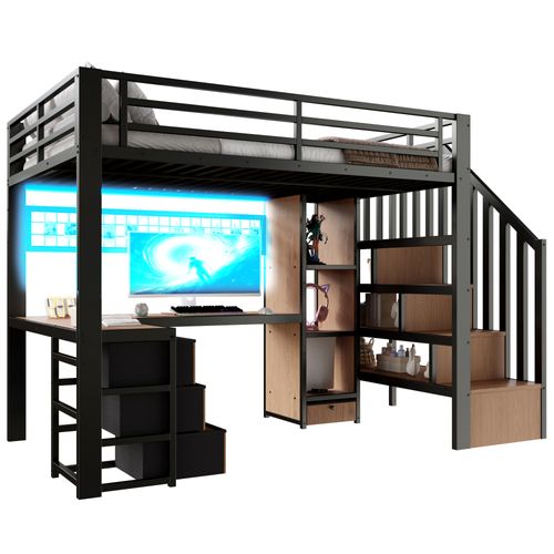 Lit Mezzanine 90 X 200 Cm Avec LED, Bureau, 4 Tiroirs Et Escalier De Rangement En Métal Noir