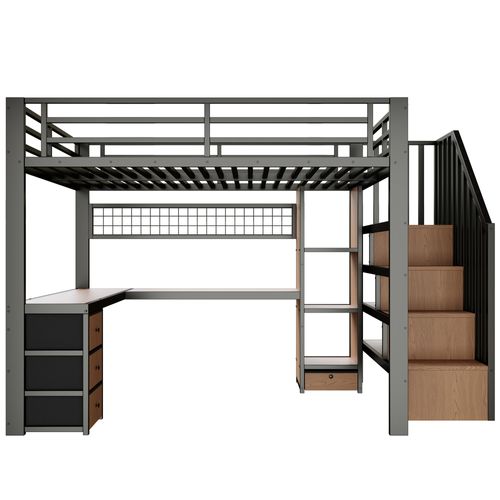 Lit Mezzanine 90 X 200 Cm Avec LED, Bureau, 4 Tiroirs Et Escalier De Rangement En Métal Noir