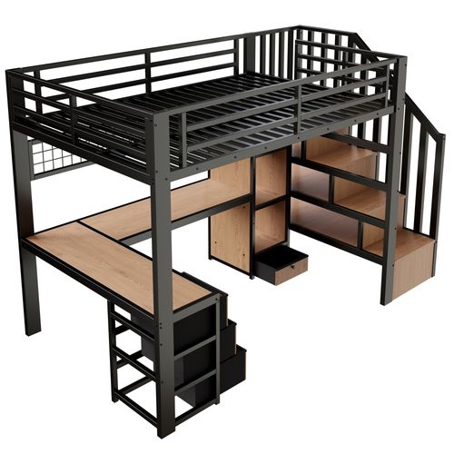 Lit Mezzanine 90 X 200 Cm Avec LED, Bureau, 4 Tiroirs Et Escalier De Rangement En Métal Noir