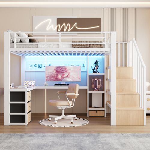 Lit Mezzanine 90 X 200 Cm Avec LED, Bureau, 4 Tiroirs Et Escalier De Rangement En Métal Blanc