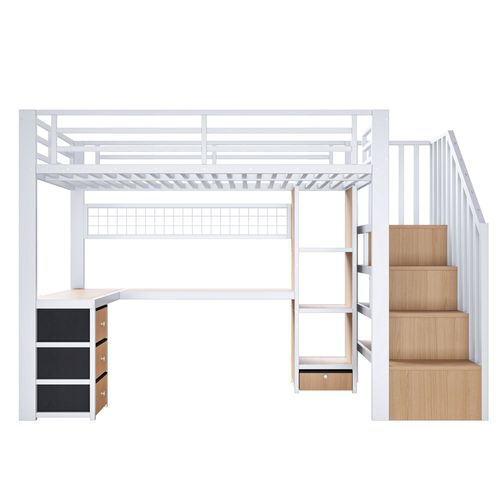 Lit Mezzanine 90 X 200 Cm Avec LED, Bureau, 4 Tiroirs Et Escalier De Rangement En Métal Blanc