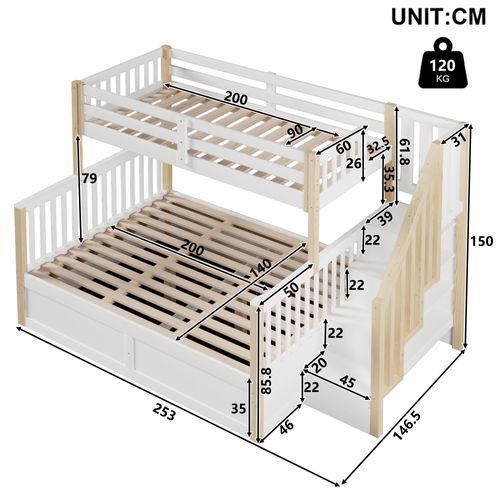 Lit Superposé 140 X 200 Cm + 90 X 200 Cm Avec Lit Coffre Blanc + Imitation Chêne