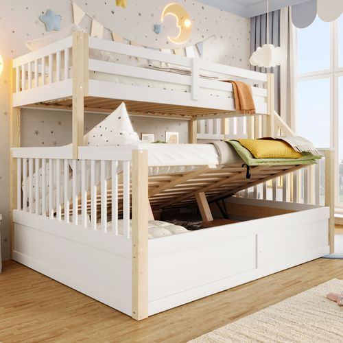 Lit Superposé 140 X 200 Cm + 90 X 200 Cm Avec Lit Coffre Blanc + Imitation Chêne