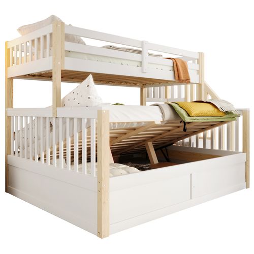 Lit Superposé 140 X 200 Cm + 90 X 200 Cm Avec Lit Coffre Blanc + Imitation Chêne