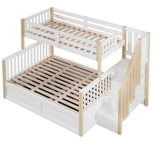 Lit Superposé 140 X 200 Cm + 90 X 200 Cm Avec Lit Coffre Blanc + Imitation Chêne