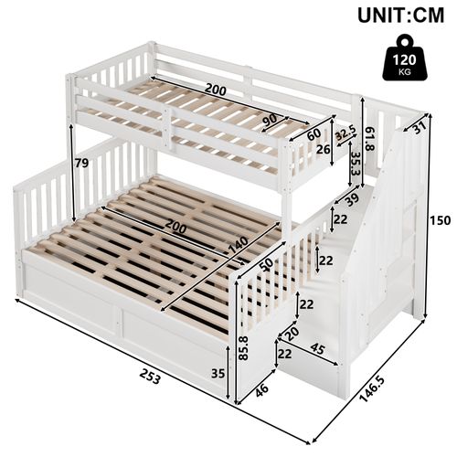 Lit Superposé 140 X 200 Cm + 90 X 200 Cm Avec Lit Coffre Blanc