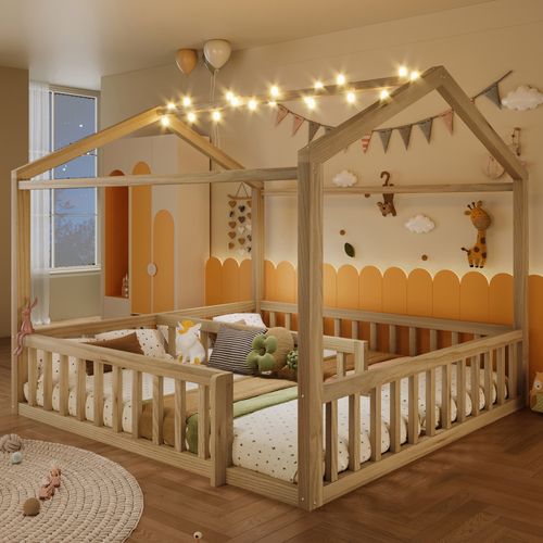 Lit Enfant Cabane  2 X 90 X 190 Cm Avec LED Imitation Chêne