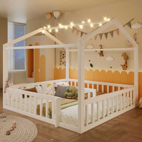 Lit Enfant Cabane  2 X 90 X 190 Cm Avec LED Blanc