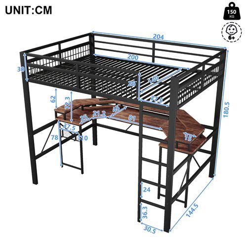 Lit Mezzanine 140 X 200 Cm Avec LED, USB Et Bureau En Métal Noir