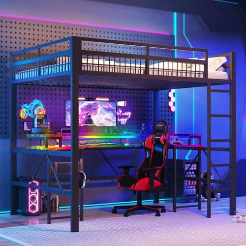 Lit Mezzanine 140 X 200 Cm Avec LED, USB Et Bureau En Métal Noir