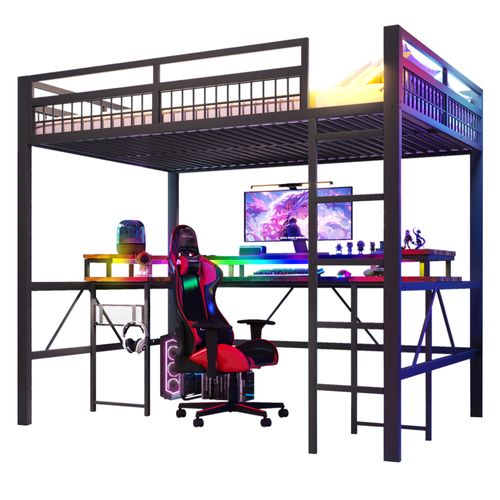 Lit Mezzanine 140 X 200 Cm Avec LED, USB Et Bureau En Métal Noir