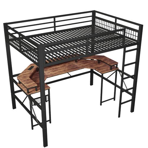 Lit Mezzanine 140 X 200 Cm Avec LED, USB Et Bureau En Métal Noir