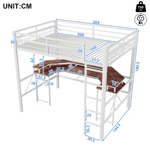 Lit Mezzanine 140 X 200 Cm Avec LED, USB Et Bureau En Métal Blanc