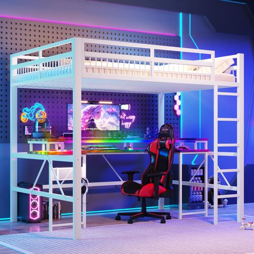 Lit Mezzanine 140 X 200 Cm Avec LED, USB Et Bureau En Métal Blanc